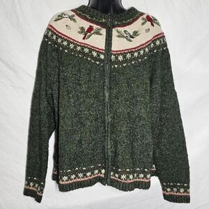 Vintage 2000s grandma core winter bird green zip up sweater